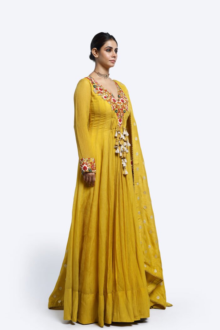 Mustard Floral Embroidered Anarkali