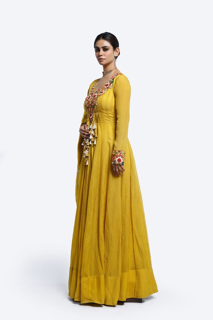 Mustard Floral Embroidered Anarkali