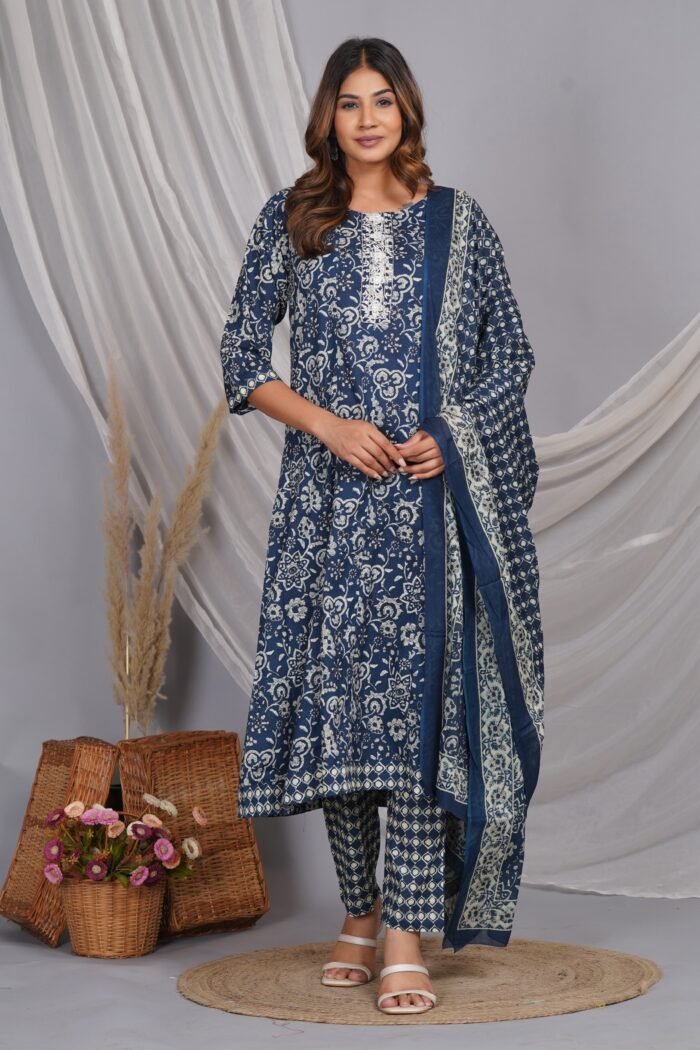Women's Teal Blue Cotton Printed Kurta Set