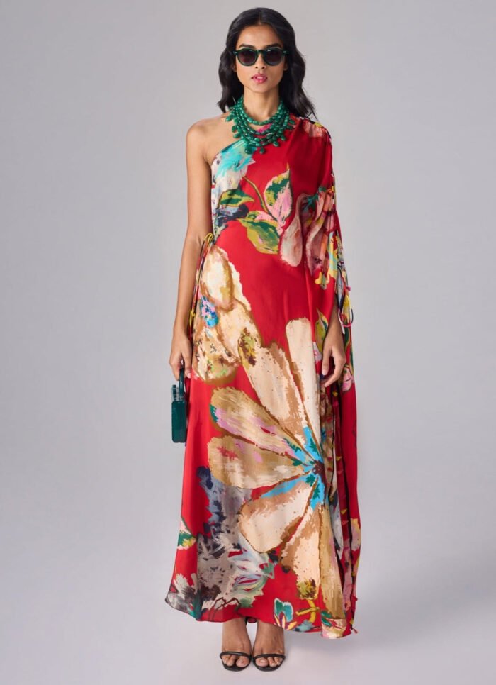 Red Multicolour Floral Print One Shoulder Kaftan