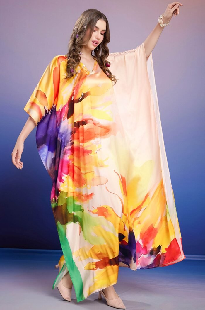 Color Burst Soft Satin Kaftan with Digital Print