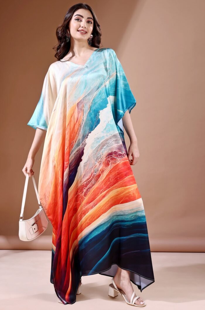 Midnight Ocean Soft Satin Kaftan with Digital Print