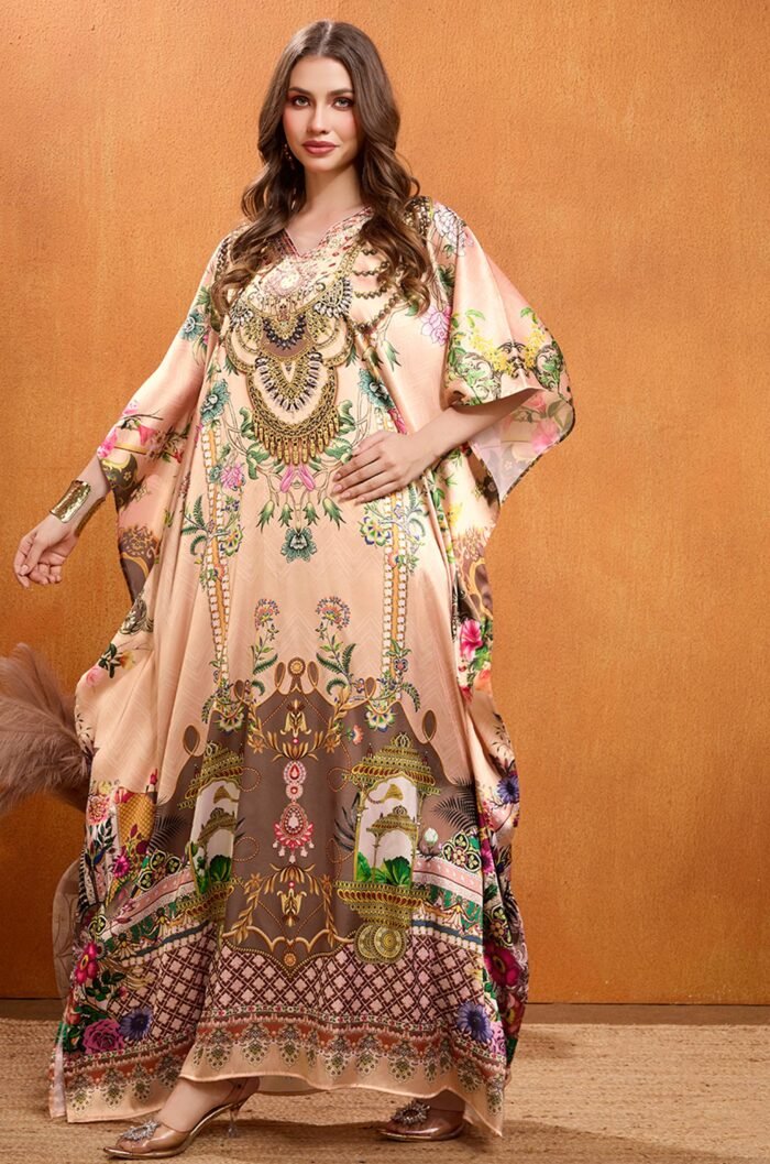 Caramel Bloom Soft Satin Kaftan with Rhinestones