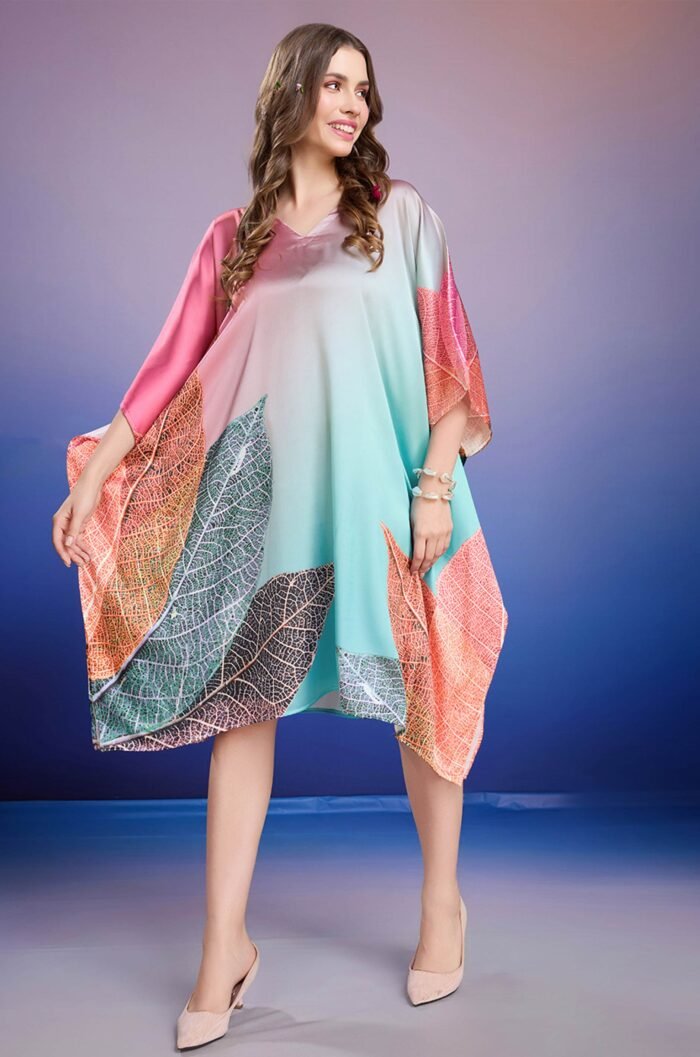 Seafoam Leaf Soft Satin Short Kaftan with Digital Print