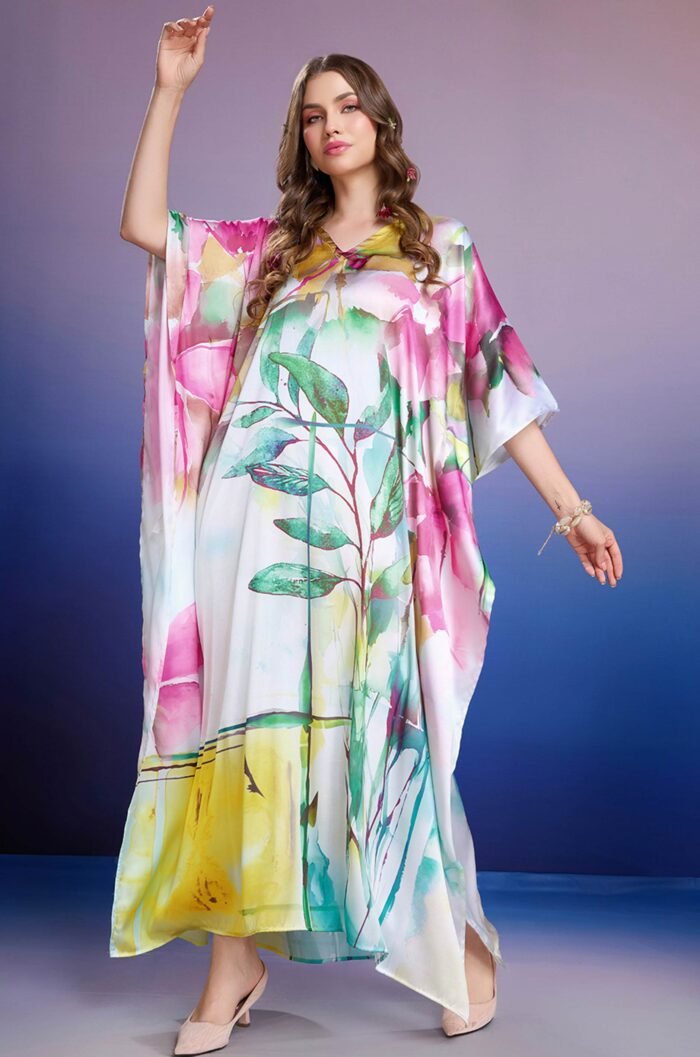 Leafy Dawn Soft Satin Kaftan with Digital Print