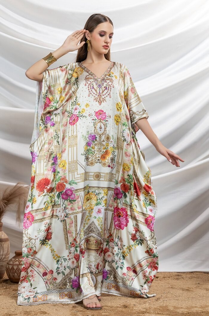 Ivory Dune Soft Satin Women Kaftan with Rhinestones