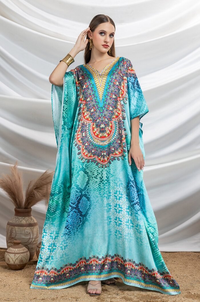 Opulent Ocean Soft Satin Women Kaftan with Rhinestones