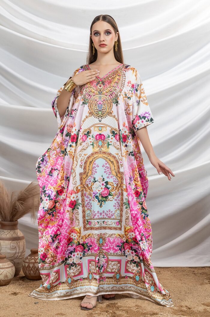 Regal Rose Soft Satin Women Kaftan with Rhinestones