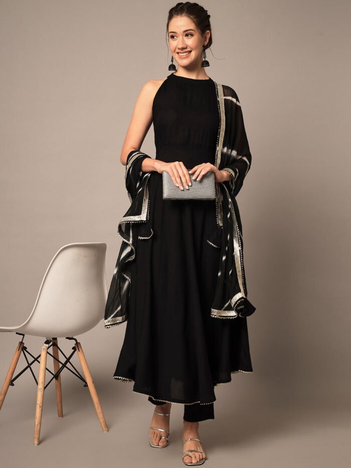Women's Black Rayon Solid Anarkali Set