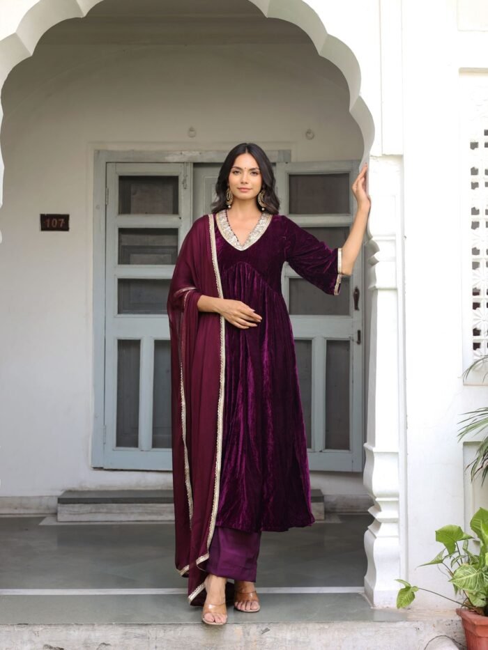 Women's Wine Velvet Embroidered Anarkali Set