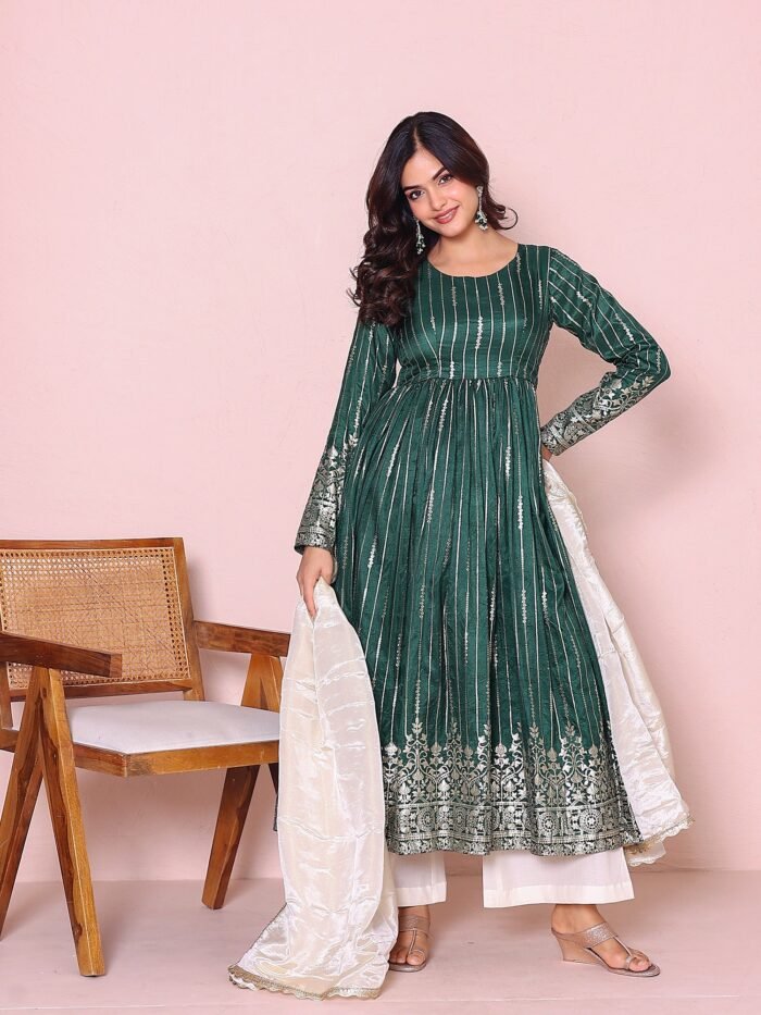 Women's Green Dolasilk Banarsi Anarkali Set