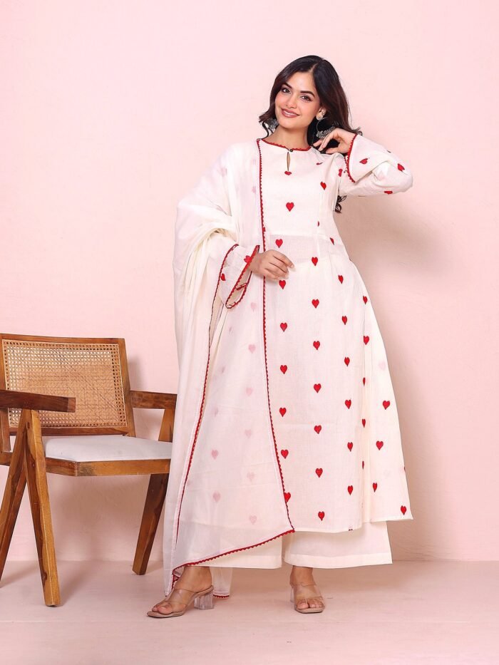 Women's Off White Cotton Embroidered Anarkali Set