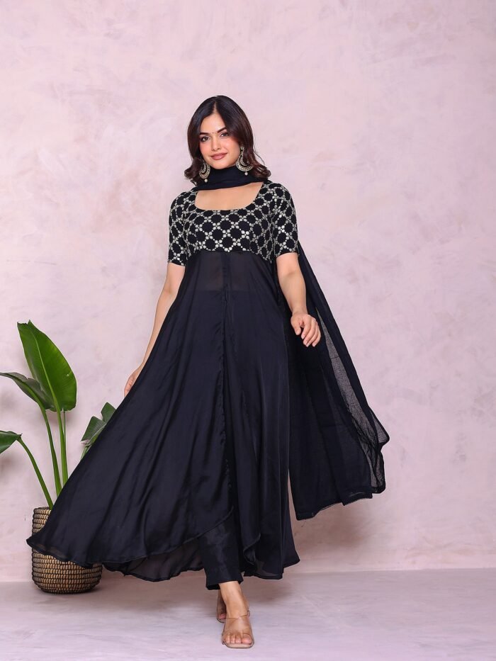 Women's Black Silk Zari Work Anarkali Set