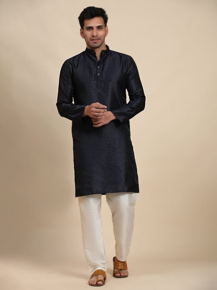 Men's Navy Blue Viscose Embroidery Kurta