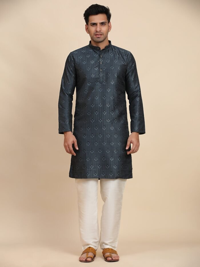 Men's Navy Blue Viscose Embroidery Kurta