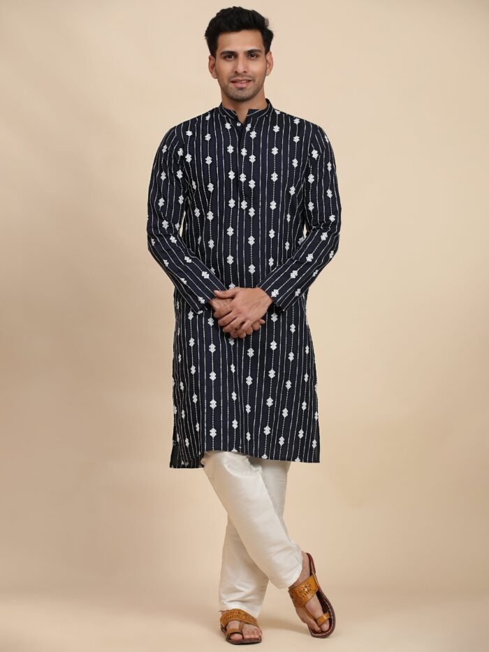 Men's Navy Blue Viscose Embroidery Kurta