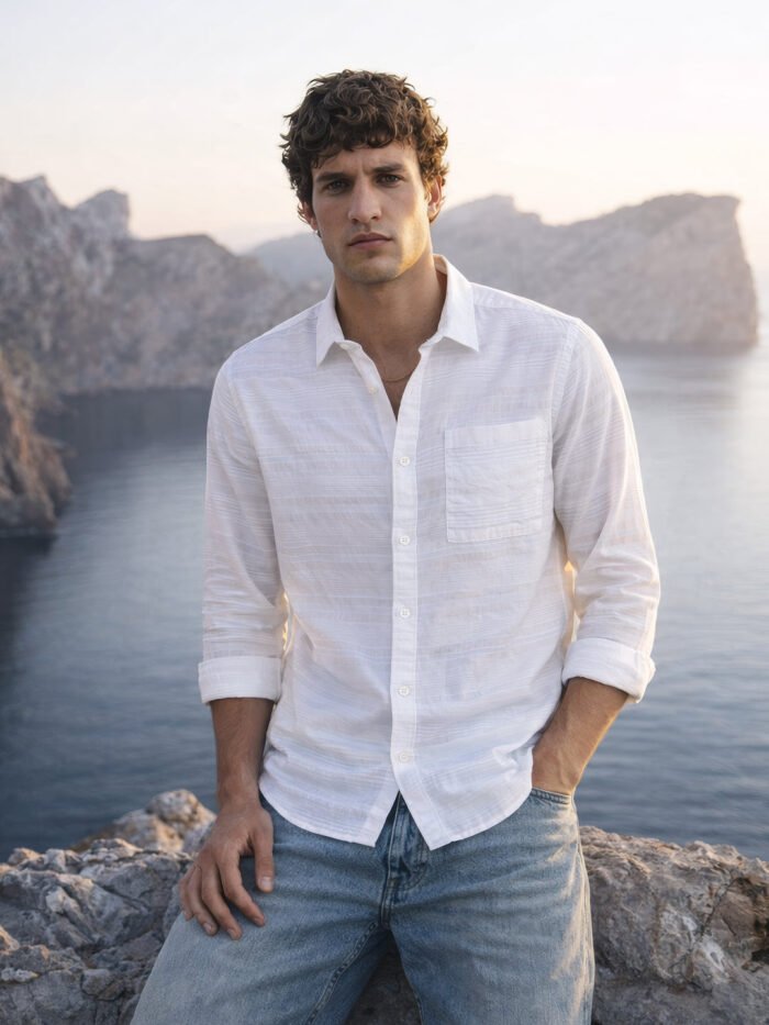 Men's White Slim Fit Striped Casual Shirt