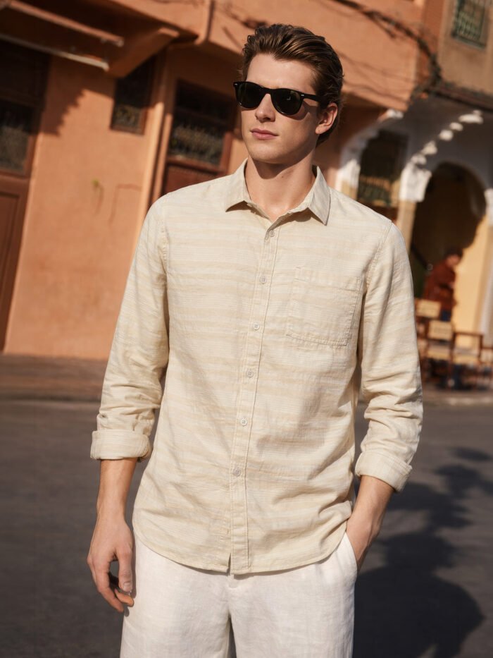 Men's Cream Slim Fit Striped Casual Shirt