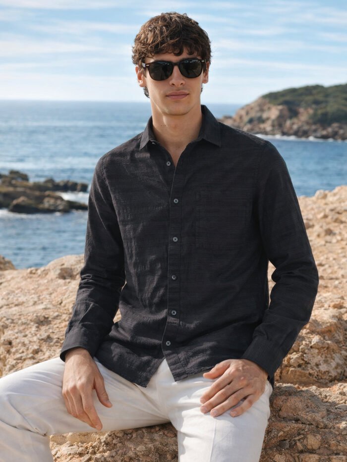 Men's Black Slim Fit Striped Casual Shirt