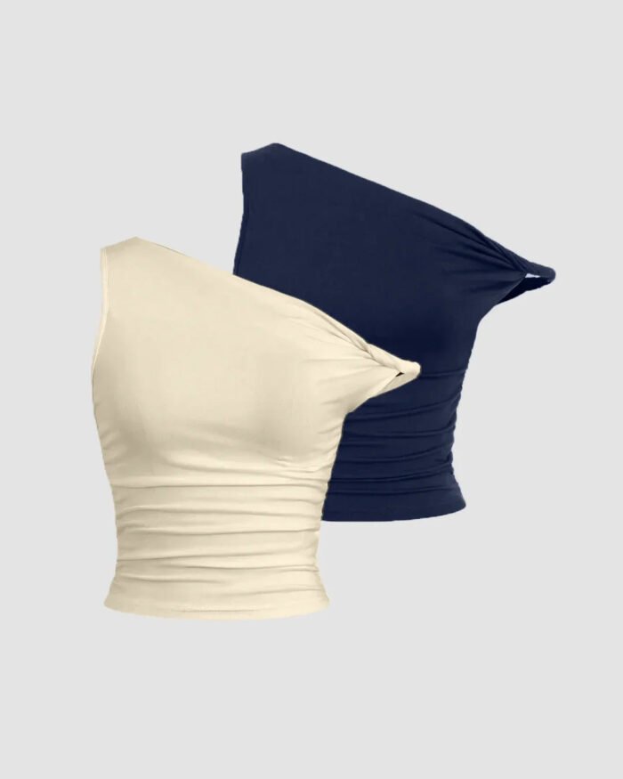 Combo of 2: One-Shoulder Ruched Crop Top in Beige and Navy Blue