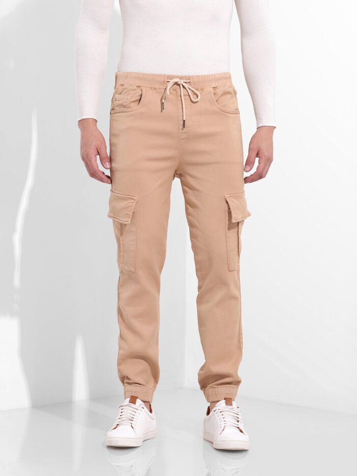 Men's Beige Regular Fit Solid Utility Jeans