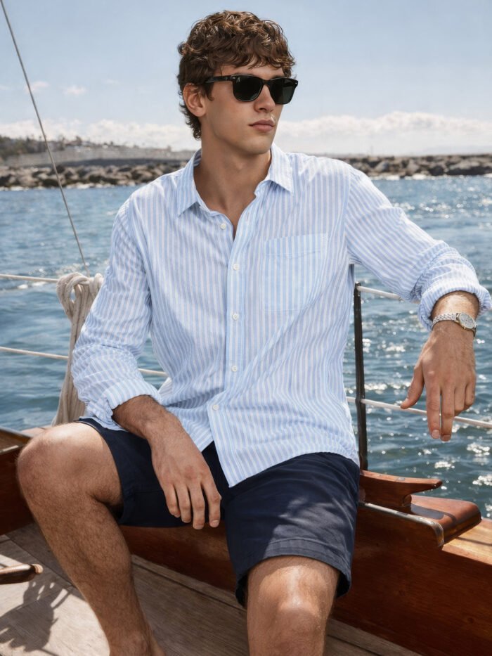 Men's Blue Relaxed Fit Vertical Stripes Casual Shirt