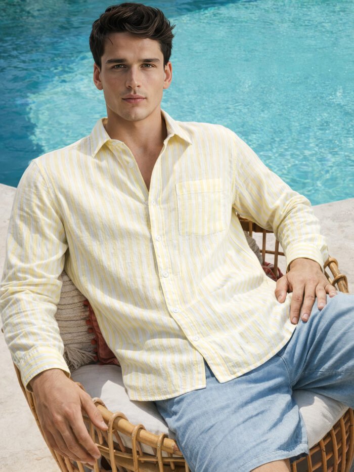Men's Yellow Relaxed Fit Vertical Stripes Casual Shirt