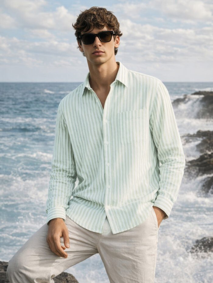 Men's Green Relaxed Fit Vertical Stripes Casual Shirt
