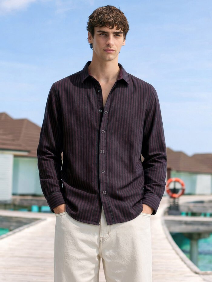 Men's Maroon Slim Fit Striped Casual Shirt