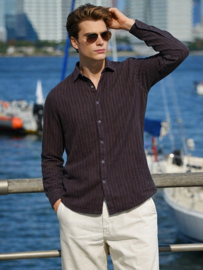 Men's Brown Slim Fit Striped Casual Shirt