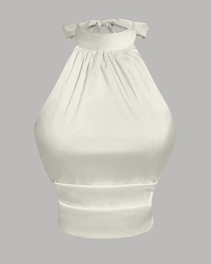 Off-White Satin Halter Neck Bow Detail Top
