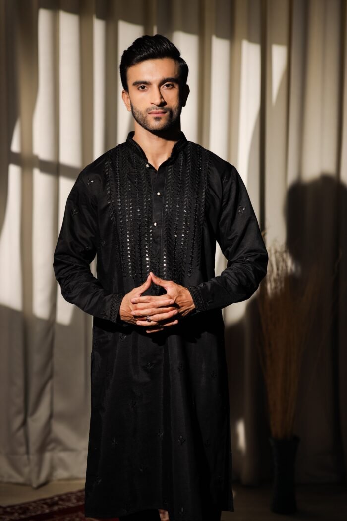 Men's Black Viscose Embroidery Kurta