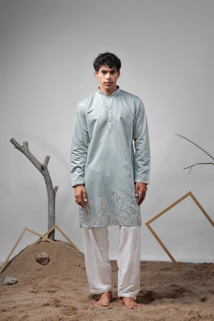 Men's Baby Blue Viscose Embroidery Kurta