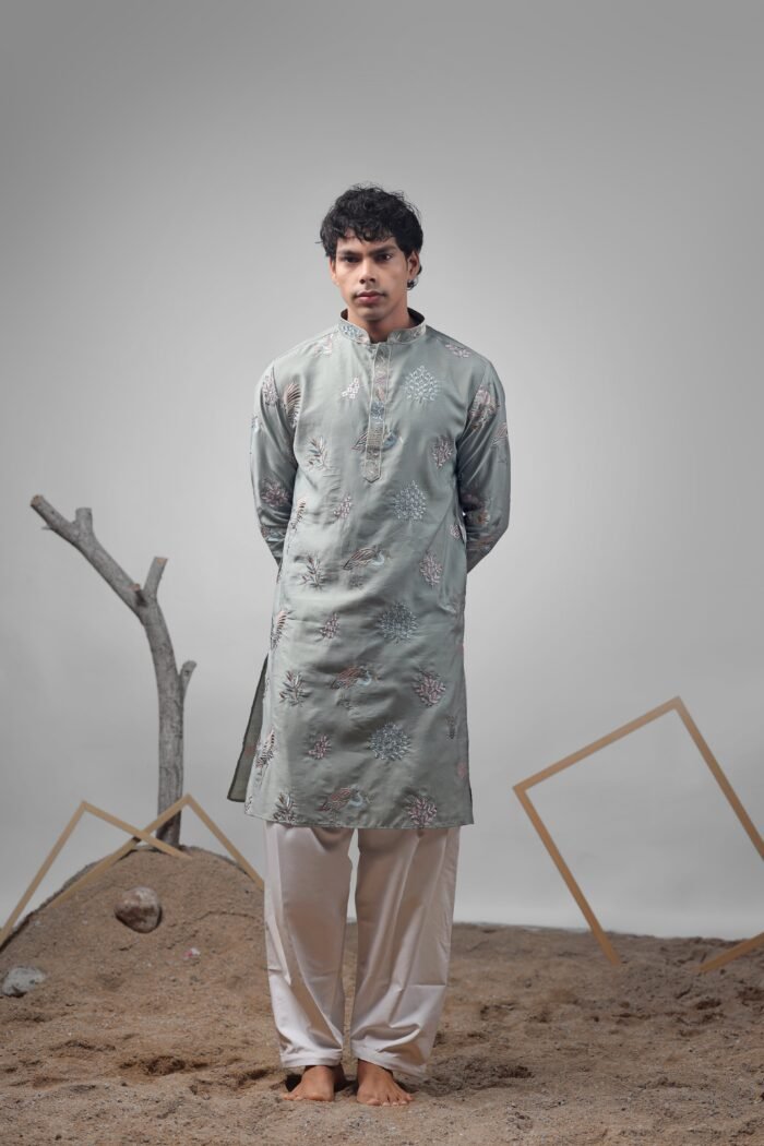 Men's Pastel Green Viscose Embroidery Kurta