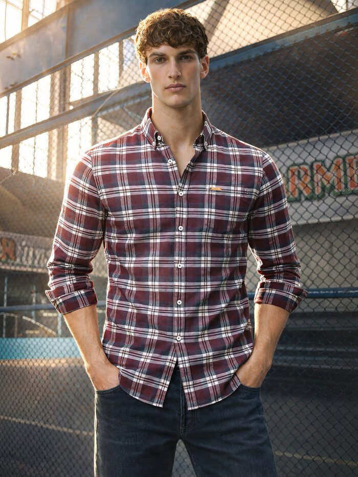 Men's Maroon Slim Fit Checkered Casual Shirt