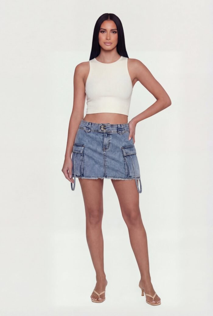 Hello Hi Denim Frayed Hem Cargo Skirt