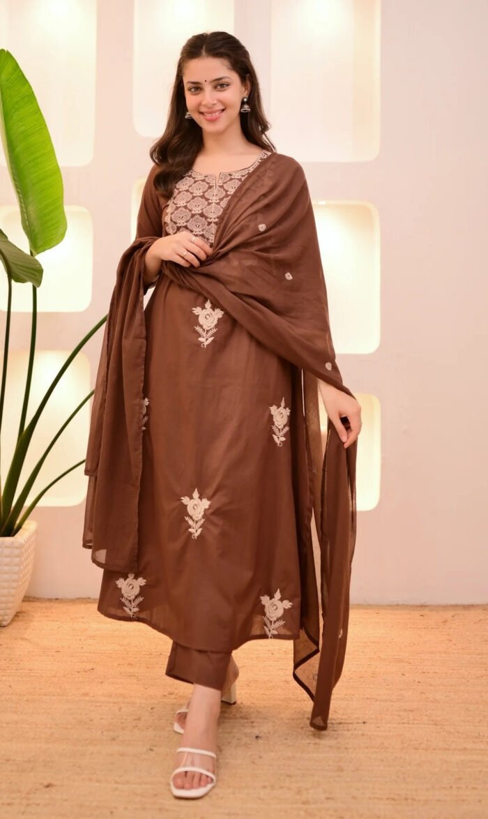 Women's Embroidery Solid Anarkali Kurta And Pant Set With Dupatta