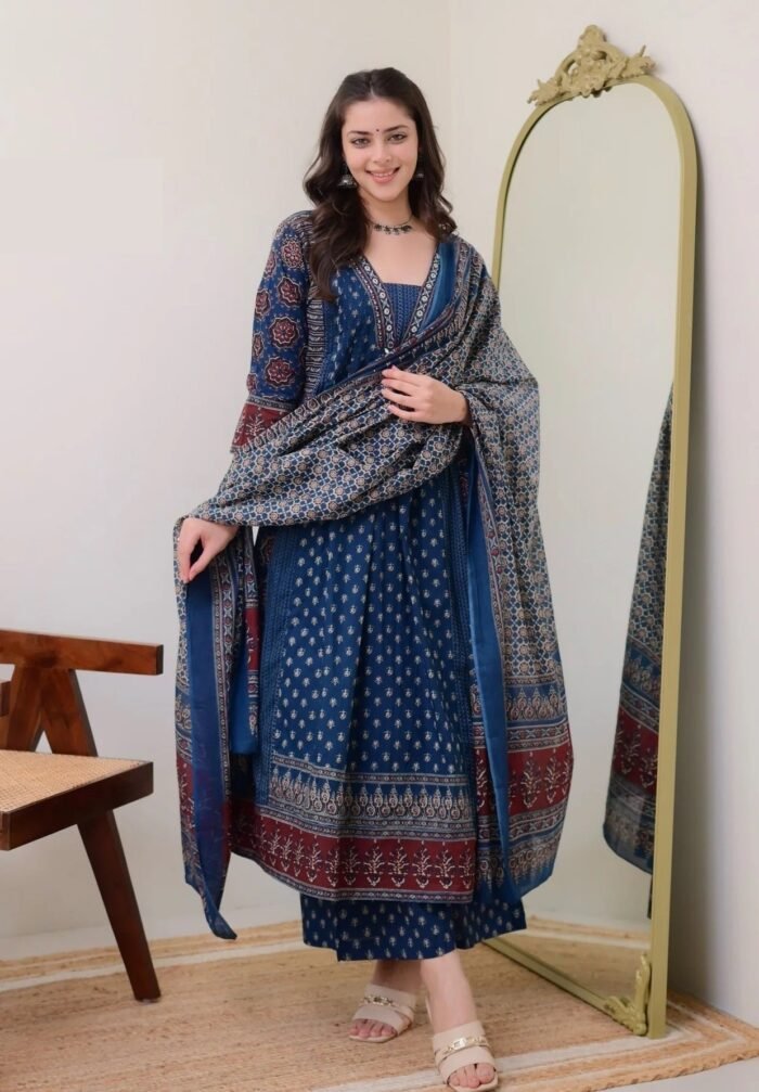 Women's Blue Viscose Printed Plus Size Anarkali Set