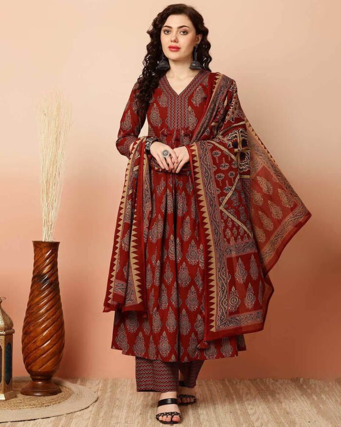 Women's Red Viscose Printed Anarkali kurta And Pant Set With Dupatta