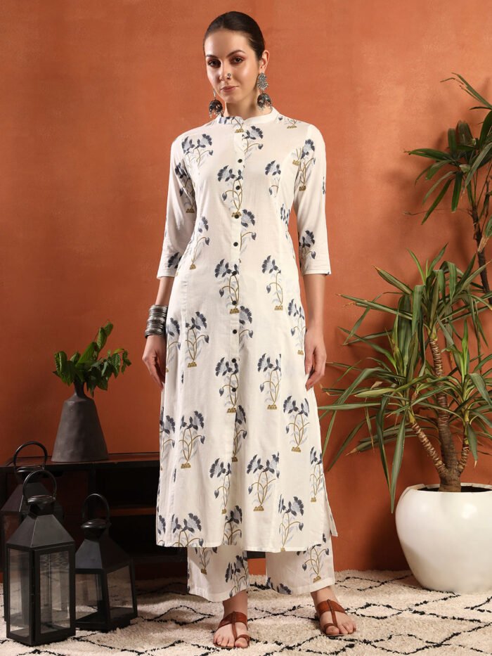 Women's Off-White Cotton Printed Kurta Set