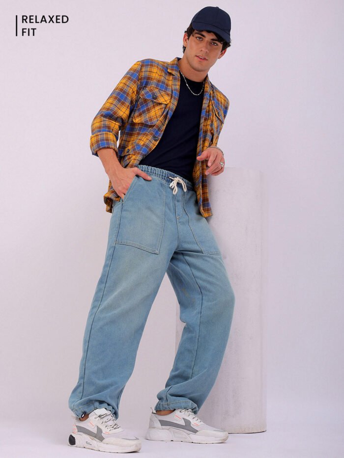 Men's Blue Relaxed Fit Solid Utility Jeans