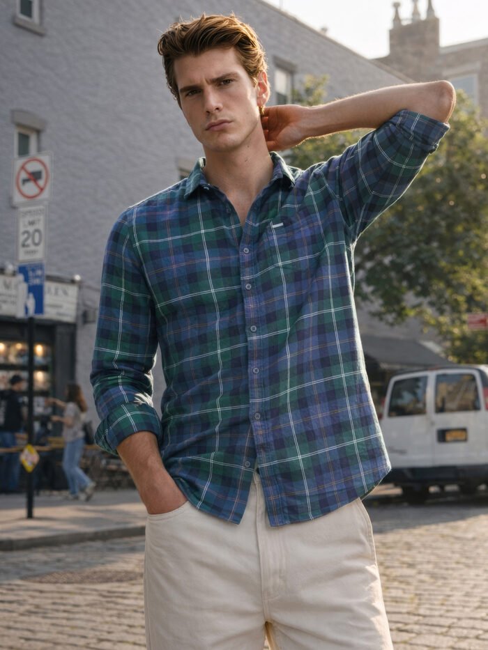 Men's Teal Slim Fit Checkered Casual Shirt