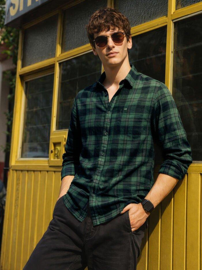 Men's Green Slim Fit Checkered Casual Shirt