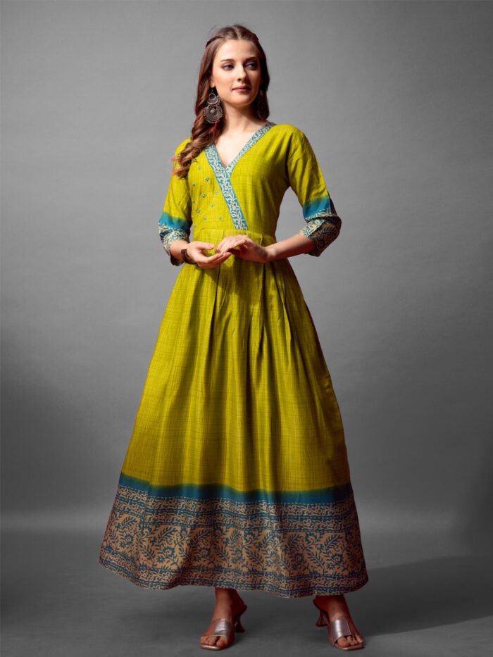 Women's Parrot Cotton Blend Anarkali Printed Gown
