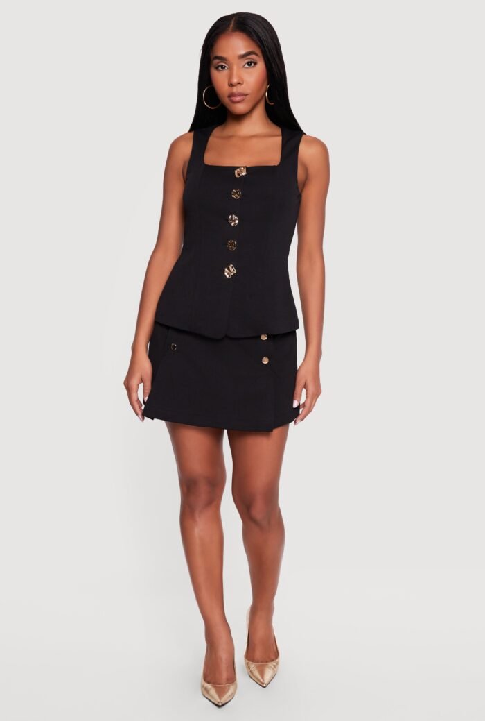 Textured Knit Faux Button Skort