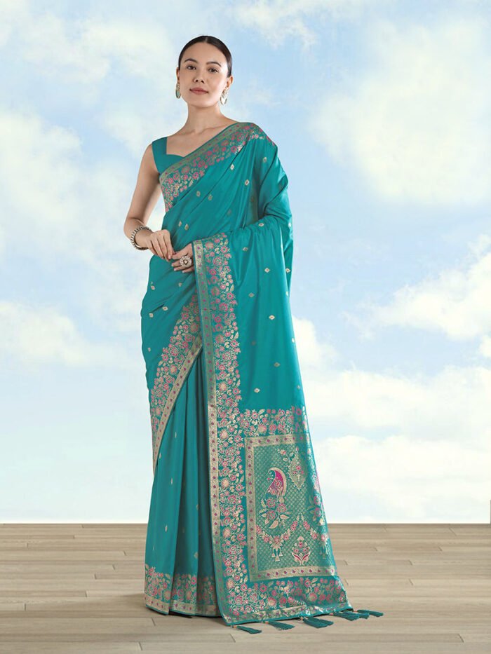 Women's Turquoise Banarasi Satin Silk Saree With Zari Border And Butti Work