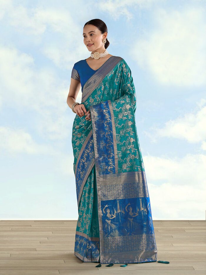 Women's Turquoise Banarasi Silk Saree With Zari Woven Design