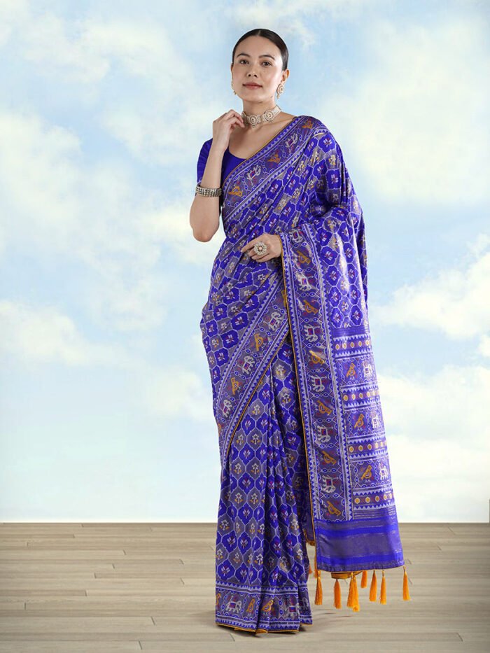 Women's Navy Blue Satin Silk Saree With Patola Work And Elephant Motifs