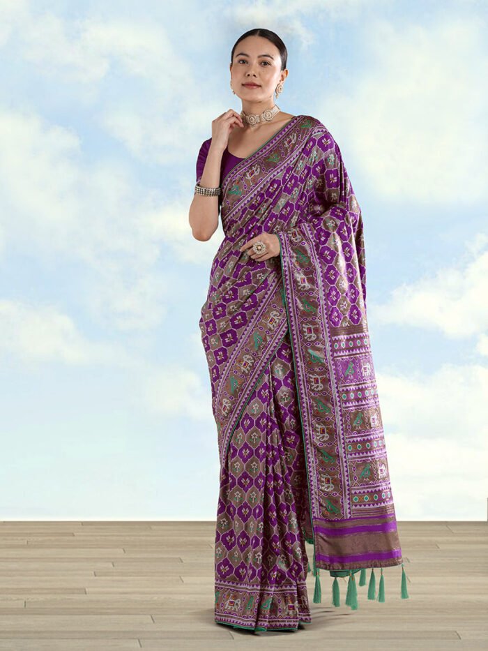 Women's Purple Satin Silk Saree With Patola Work And Elephant Motifs