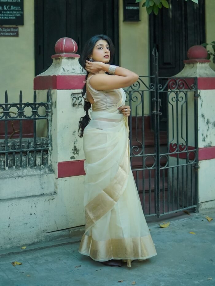 Women's Off White Organza Self Design Saree